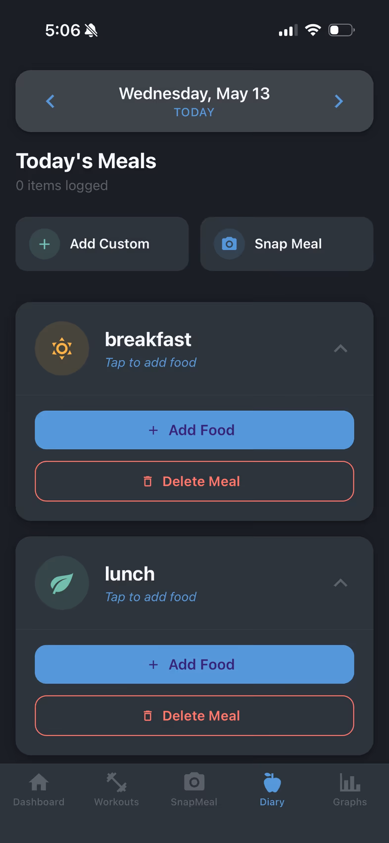 Bite Built AI diary — meal cards expanded