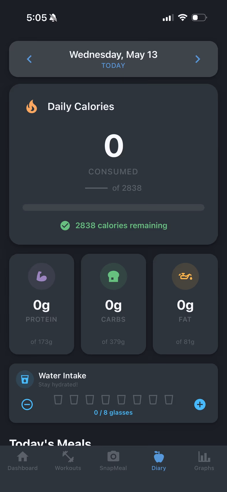 Bite Built AI diary screen — daily calories and macro targets