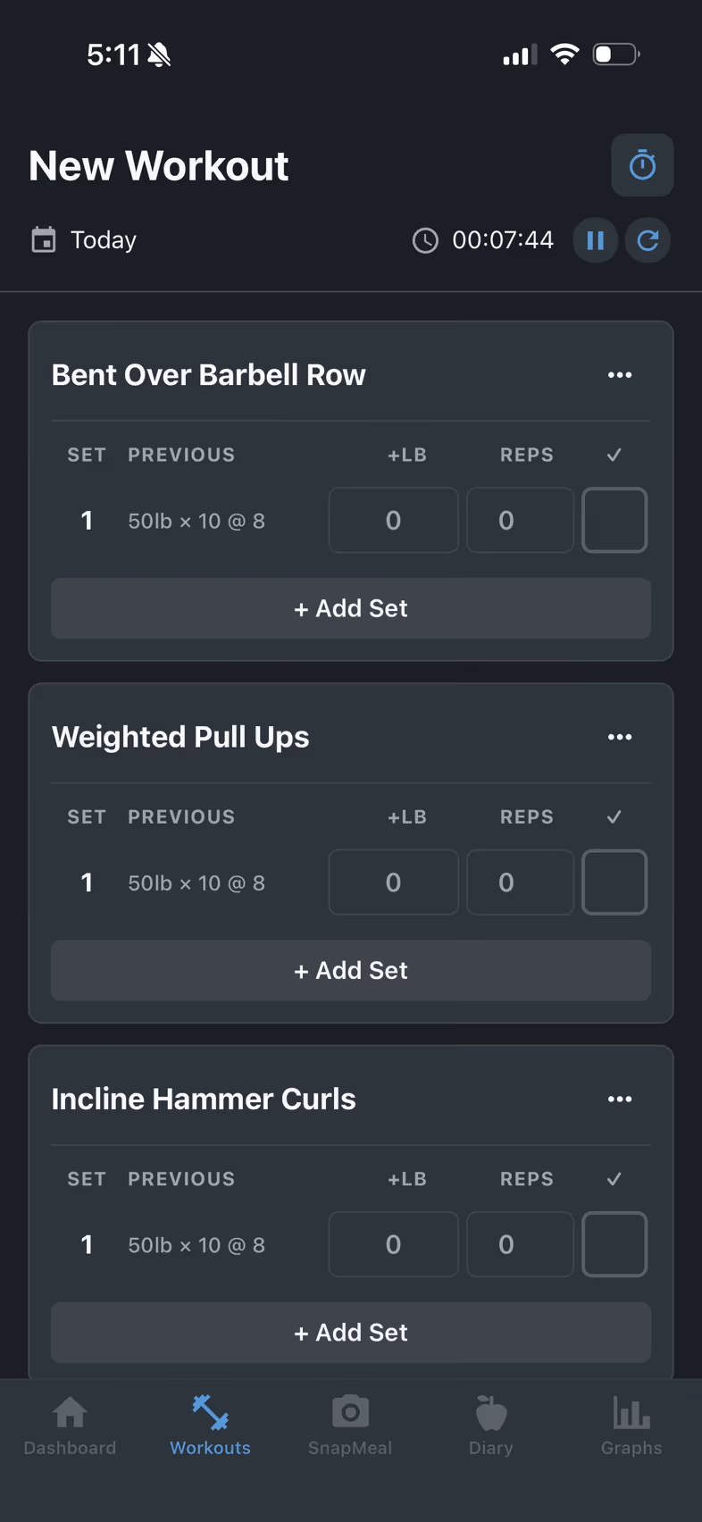Bite Built AI workouts — active session with three exercises